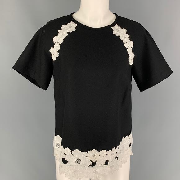 KATE SPADE Size 4 Black White Polyester Flower Applique Short Sleeve Dress Top - Picture 1 of 1